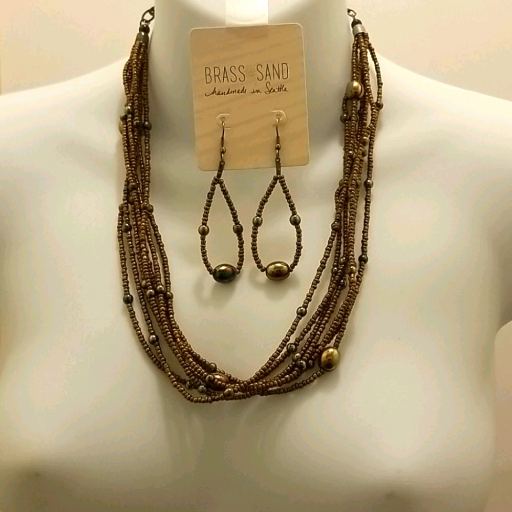 9" Bronzy Iridescent beaded necklace & earring set